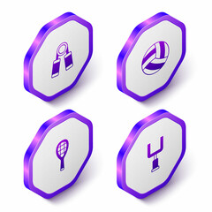 Set Isometric Sport expander, Volleyball ball, Tennis racket and American football goal post icon. Purple hexagon button. Vector
