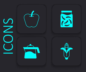 Set Corn, Apple, Pickled cucumbers in a jar and Teapot icon. Black square button. Vector