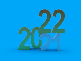 The number 2021 changes to the number 2022 of the New Year on a blue background. 3D illustration 