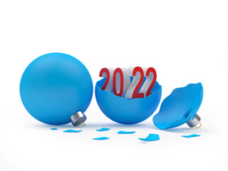 Blue whole Christmas ball and numbers 2022 in a broken Christmas ball. 3D illustration 