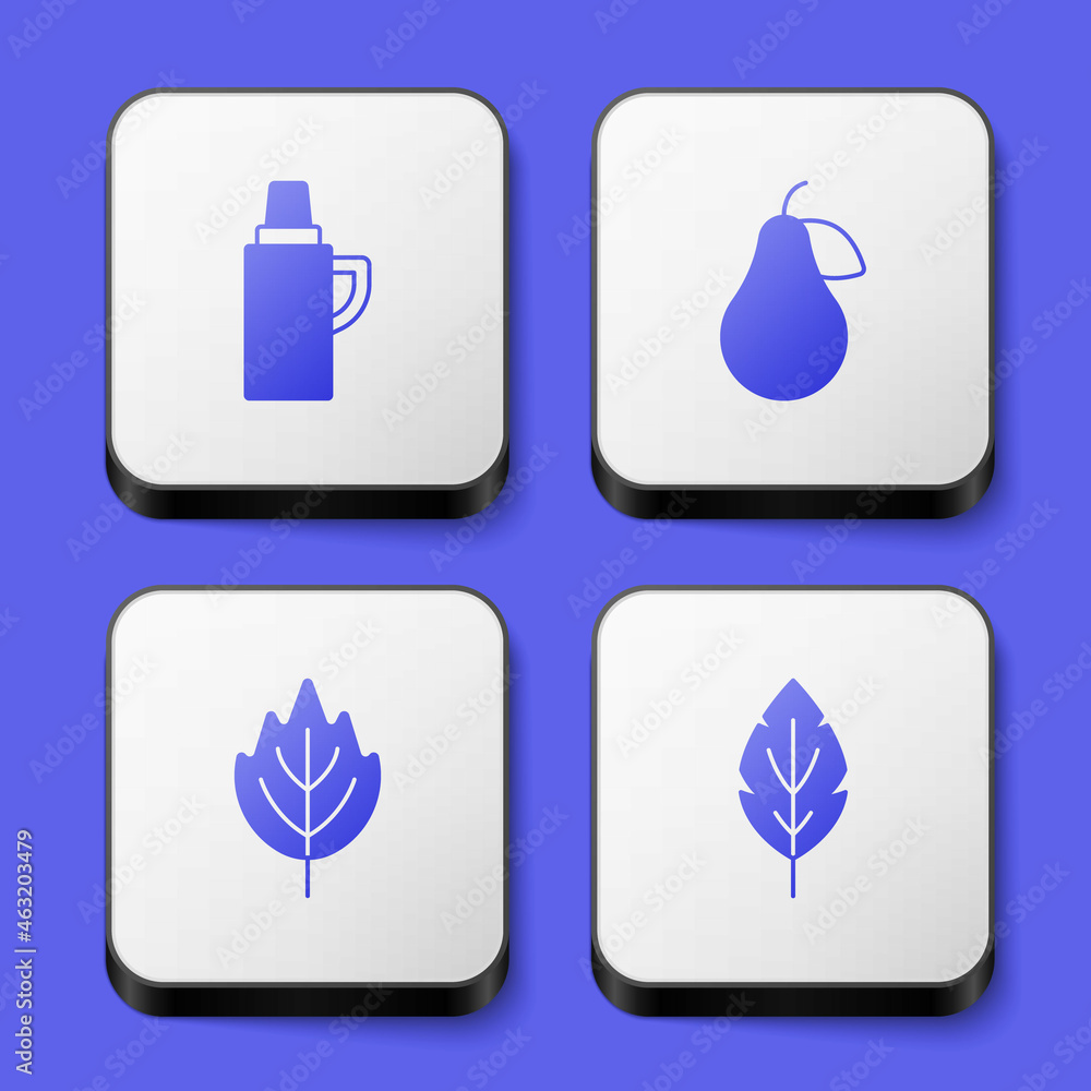 Poster set thermos container, pear, leaf and icon. white square button. vector