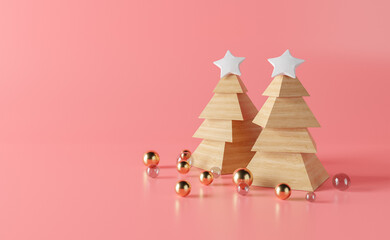 christmas trees with wooden blocks and golden spheres