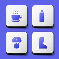 Set Coffee cup, Thermos container, Mushroom and Waterproof rubber boot icon. White square button. Vector