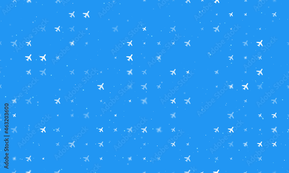 Poster seamless background pattern of evenly spaced white plane symbols of different sizes and opacity. vec