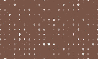 Seamless background pattern of evenly spaced white acorn symbols of different sizes and opacity. Vector illustration on brown background with stars