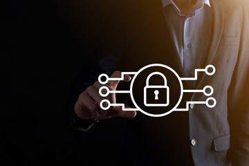 Cyber security network. Padlock icon and internet technology networking. Businessman protecting data personal information on tablet and virtual interface. Data protection privacy concept. GDPR. EU