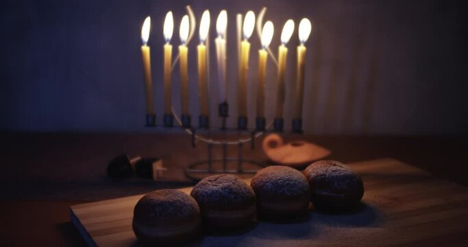 Hanukkah doughnuts and a menorah