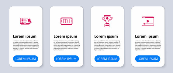 Set Online play video, Award cup, education and quiz, test, survey. Business infographic template. Vector