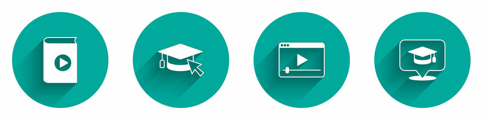 Set Audio book, Graduation cap with cursor, Online play video and speech bubble icon with long shadow. Vector