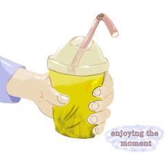 Hand holding a juice drawn in cartoon style