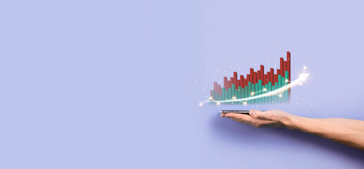 Male hand holding graph icon.checking analyzing sales data growth graph chart and stock market on global networking. Business strategy, planning and digital marketing