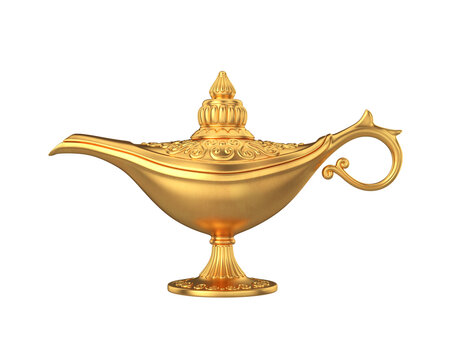 Golden magic lamp on a white background, 3d render