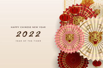 Happy Chinese New Year, year of the tiger with fan decorations in different colors.