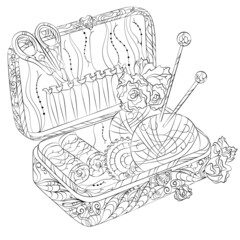 Coloring image of a craft box with a pattern and flowers. A ball of yarn and knitting needles with an ornament. Tailor's scissors in a box