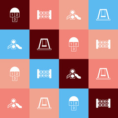 Set pop art Hopscotch, Education logic game, Slide playground and Swing for kids icon. Vector