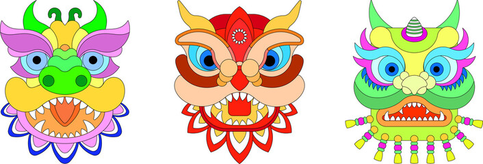 Chinese New Year Lion Dance Head. Flat vector illustration.
