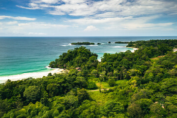 Panama.Tropical Island Aerial View. Wild coastline lush exotic green jungle. Red Frog Beach in Bastimentos Island, Bocas del Toro, Central America, Panama.