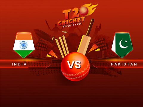 T20 Cricket Fever Is Back Concept With Shiny Flag Shield Of Participating Team India VS Pakistan And 3D Equipments On Red Stadium Background.