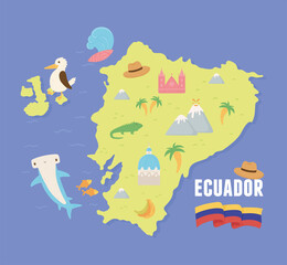 map of ecuador with typical features - obrazy, fototapety, plakaty