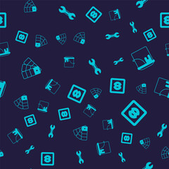 Set Color palette guide, Paint bucket, Wrench spanner and Electrical outlet on seamless pattern. Vector