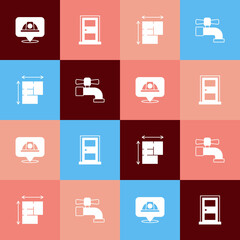 Set pop art Worker safety helmet, Closed door, House plan and Water tap icon. Vector