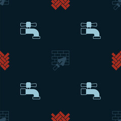 Set Parquet, Brick wall with trowel and Water tap on seamless pattern. Vector