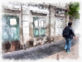 ancient abandoned european building watercolor style illustration impressionist painting.