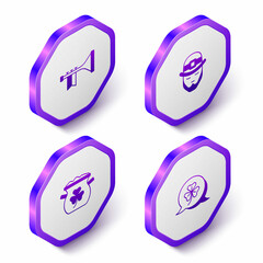 Set Isometric Trumpet, Leprechaun, Pot of gold coins and Clover trefoil leaf icon. Purple hexagon button. Vector