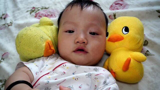 Baby sleep lay at bed with old duck and new chick plush toy