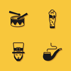 Set Drum with drum sticks, Smoking pipe, Leprechaun and Glass of beer icon with long shadow. Vector