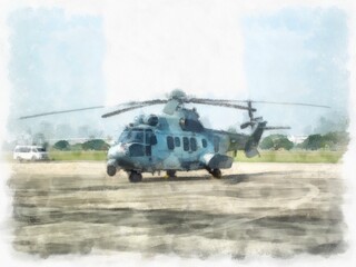 Fototapeta na wymiar Air show at the airport watercolor style illustration impressionist painting.