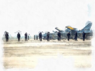 Air show at the airport watercolor style illustration impressionist painting.