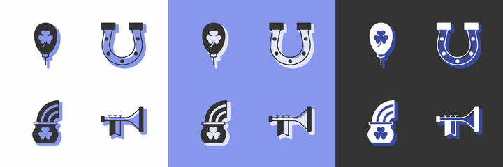 Set Trumpet, Balloon with clover trefoil leaf, Pot of gold rainbow and Horseshoe icon. Vector