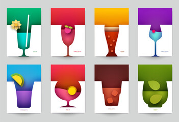 Set of abstract silhouette cocktails with alcohol or juice in minimalistic geometric flat style. Creative colorful composition. Concept for branding menu, cover, flyer, banner. Vector illustration. - obrazy, fototapety, plakaty