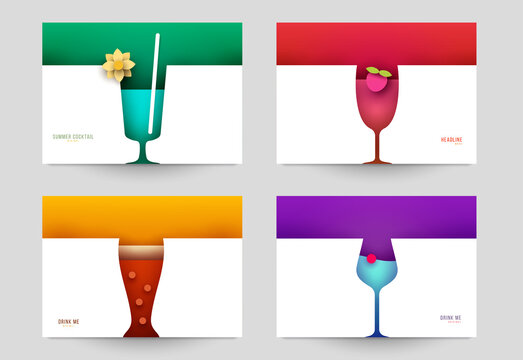Set of abstract silhouette cocktails with alcohol or juice in minimalistic geometric flat style. Creative colorful composition. Concept for branding menu, cover, flyer, banner. Vector illustration.