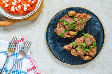 Chicken liver and chorizo open sandwich