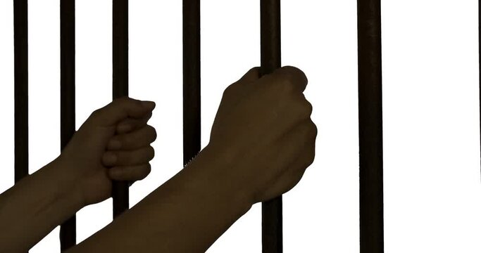 Prisoner Hands Holding Prison Cell Bars On White Background. The Criminal Is Holding The Bars
