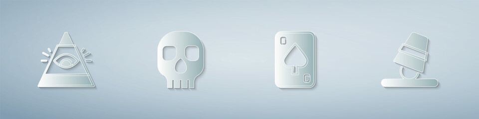 Set All-seeing eye of God, Skull, Playing cards and Game thimbles. Paper art style. Vector