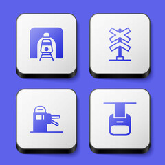 Obraz premium Set Train in railway tunnel, Railroad crossing, Turnstile and Cable car icon. White square button. Vector