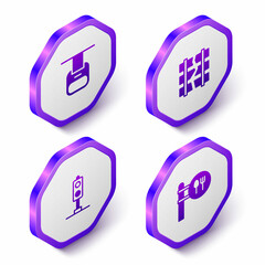 Set Isometric Cable car, Broken or cracked railway, Train traffic light and Cafe and restaurant location icon. Purple hexagon button. Vector