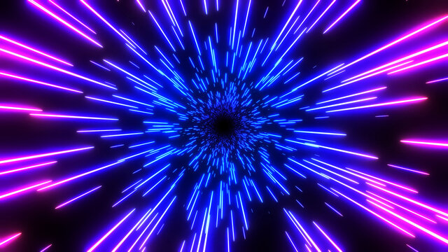 Abstract background neon glow purple blue colors, cosmic speed concept, dynamic hyperspace tunel 3D science fiction illustration render.