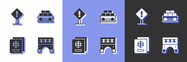 Set Bridge for train, Exclamation mark square, Passport and Cargo wagon icon. Vector