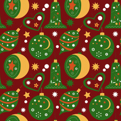 Christmas Vector Pattern. seamless design for Christmas products. bell , balls , stars , snowflakes . burgundy background , green color , blank for textiles , printing