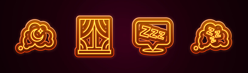 Set line Dreams, Window with curtains, Sleepy and . Glowing neon icon. Vector