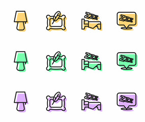 Set line Time to sleep, Table lamp, Pillow and Sleepy icon. Vector