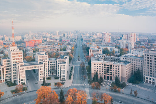 The building of Derzhprom and Karazin University in Kharkiv. View of Nauky Prospect. Aerial shot at autumn morning.
