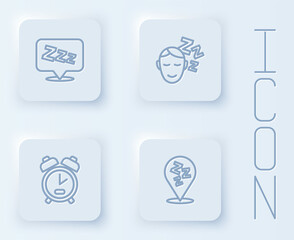 Set line Sleepy, Dreams, Alarm clock and . White square button. Vector