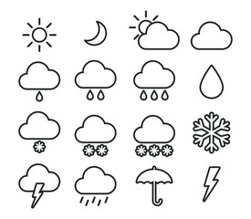 Weather forecast icon set. Meteorology vector outline symbol collection.