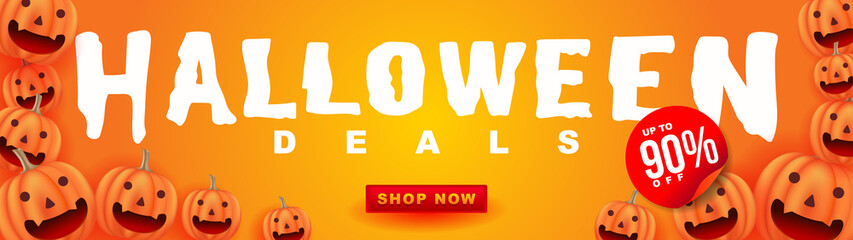 Halloween deals up to 90%. lot of carved pumpkin jack o lantern in clean modern. halloween promotional banner vector illustration 