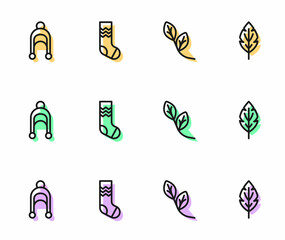Set line Leaf, Winter hat, Socks and icon. Vector